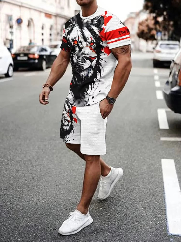 2025 Men's Short Sleeve Suit Creative Graffiti Print Outdoor Street Fashion Short Sleeve Top Shorts Casual T-shirt Two-Piece Set