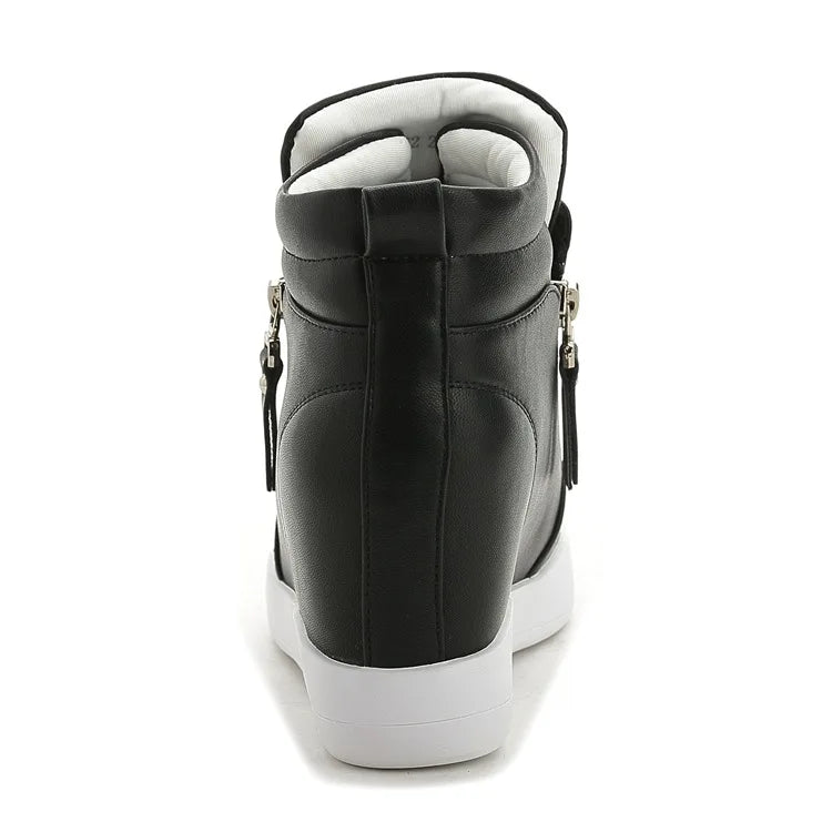 Women Casual Sneakers White PU Platform Shoes Ladies Wedge Sports Shoe Fashion Woman Black Chunky Side Zipper Vulcanized Shoes