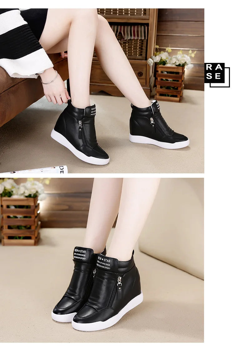 Women Casual Sneakers White PU Platform Shoes Ladies Wedge Sports Shoe Fashion Woman Black Chunky Side Zipper Vulcanized Shoes