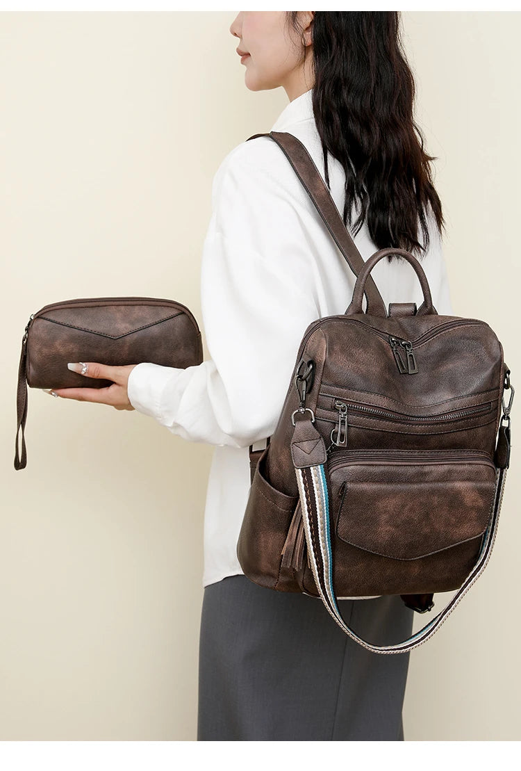 Backpack for Women Large Womens Backpack Leather Travel Fashion Purse Designer Ladies Shoulder Bags with Tassel Two-toned Brown