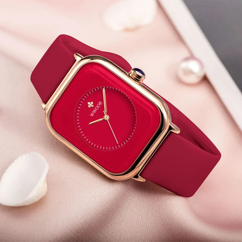 WWOOR Luxury Brand Red Square Watch For Women Quartz Watch Elegant Dress Ladies Wristwatch Simple Female Clock Relogio Feminino
