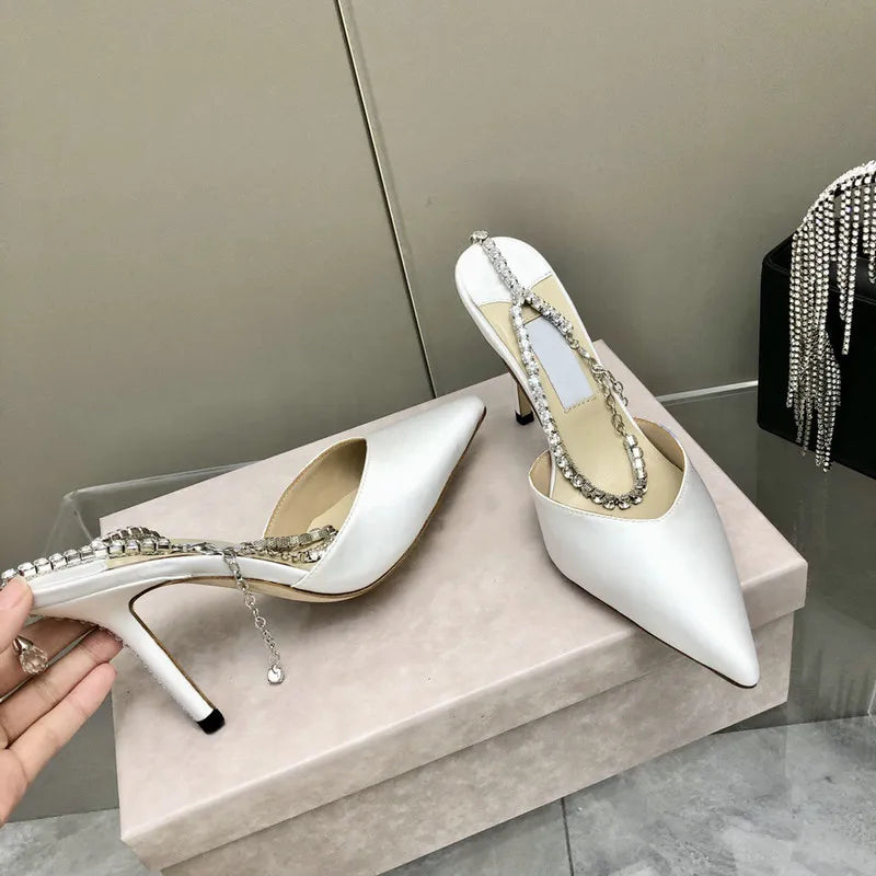 2025 Crystal Pendant White Wedding Shoes Bridesmaid Shoes One-Line Sandals Rhinestone Pointed Stiletto Satin Sexy Party Pumps