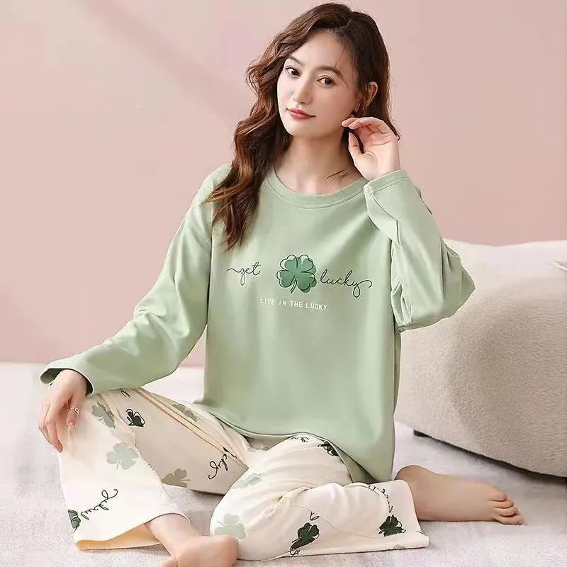Women's Pajamas Two-Piece Casual Cute Comfortable Sleepwear Homewear Set Tops and Trousers Nightwear Lounge Wear Autumn Winter