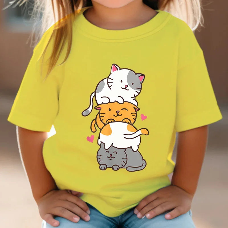 Cute Cat Graphic Kids Tshirts Kawaii T-Shirt Kids Summer Short Sleeve Tees Cartoon Animal Boys Girls Kawaii Kitten Tops Tshirt