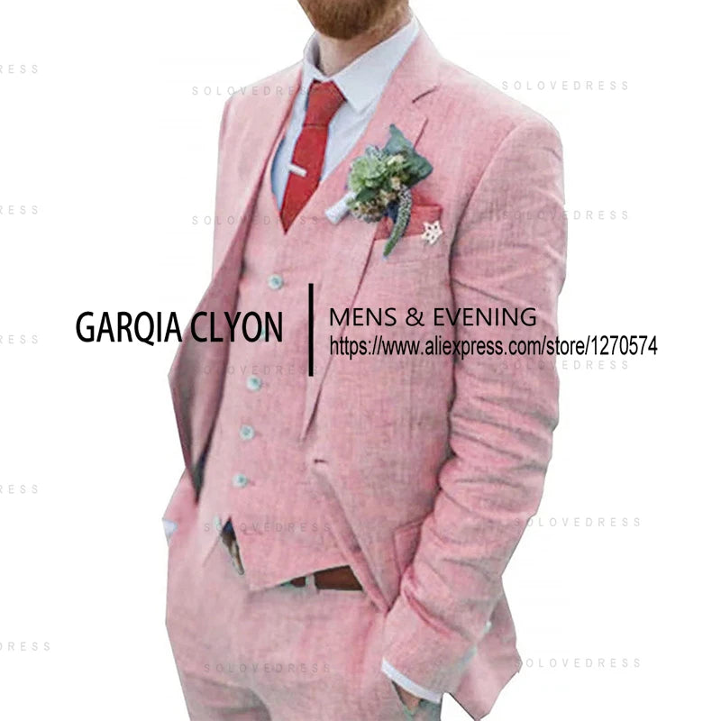 3 Piece Men's Retro Linen Men Suit Beach Wedding Suit Summer Slim Fit Linen Suit Groomsmen For Wedding(Blazer+Vest+Pants)