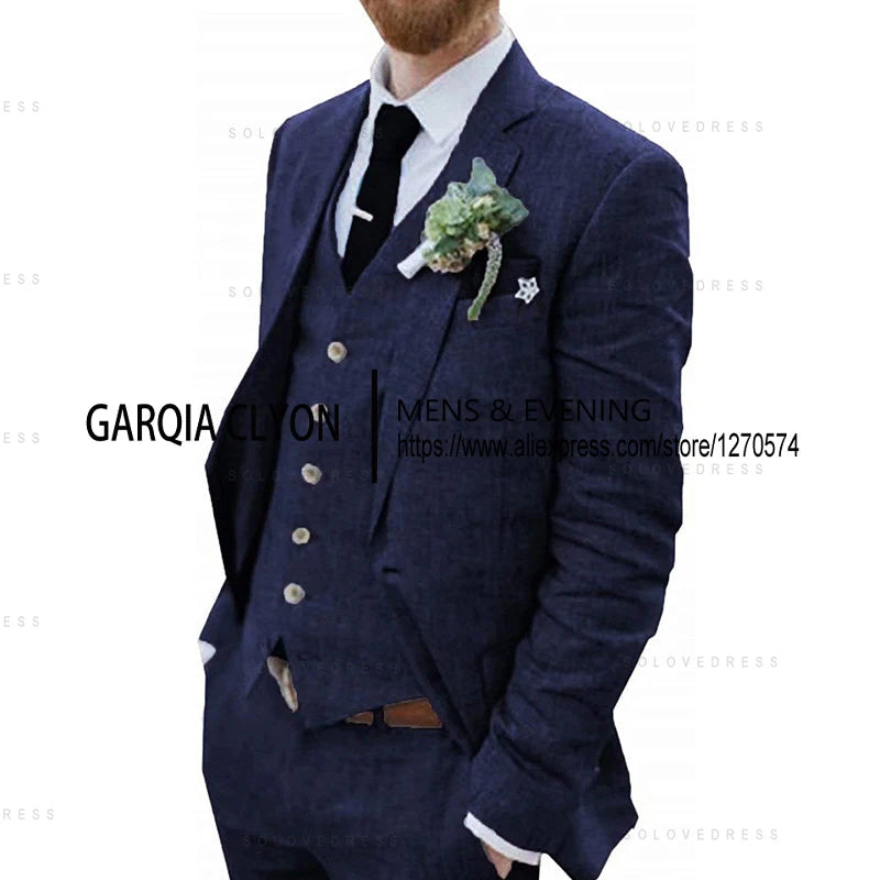 3 Piece Men's Retro Linen Men Suit Beach Wedding Suit Summer Slim Fit Linen Suit Groomsmen For Wedding(Blazer+Vest+Pants)