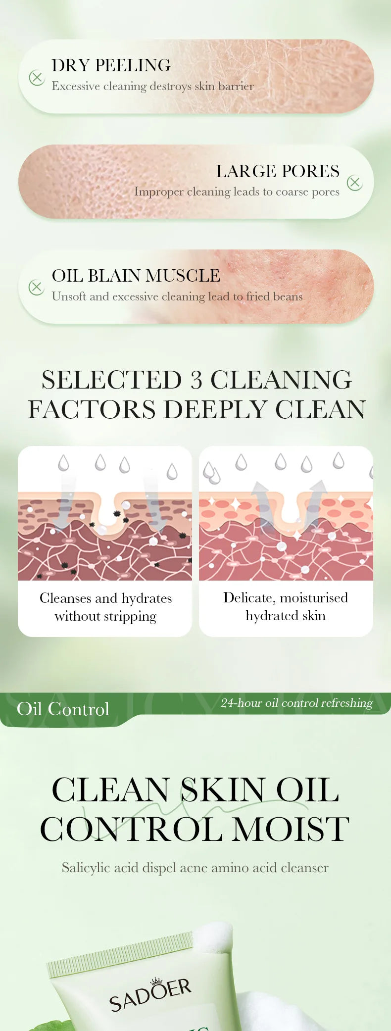 1/2pcs SADOER Salicylic Acid Facial Cleanser Face Wash Foam Face Cleanser Moisturizing Facial Cleansing Face Skin Care Products