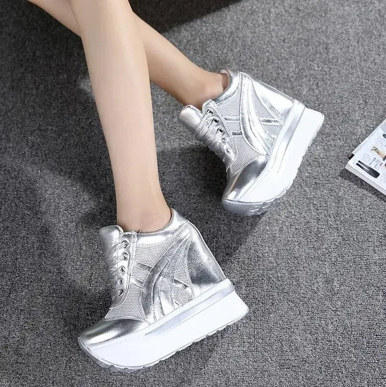 NEW Classic Women Mesh Platform Sneakers White Shoes 10CM High Heel Wedges Outdoor Breathable Casual Shoes Autumn Round Toe 2024