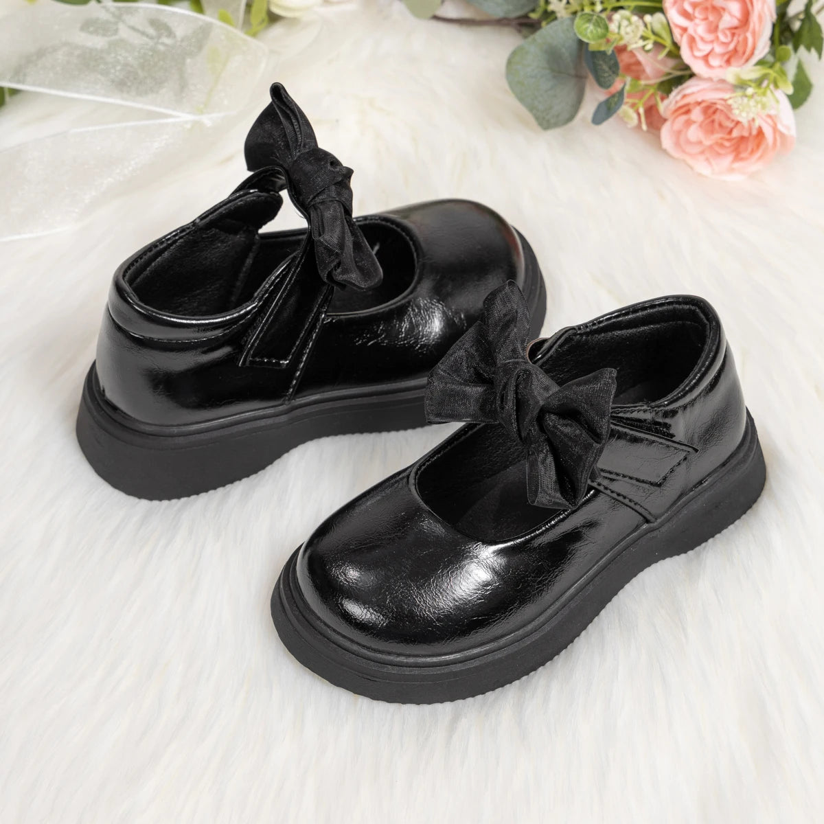 Classic Children's Leather Shoes Spring and Autumn Bow Metal Buckle Mary Jane Party Shoes Soft Bottom Black Princess Shoes