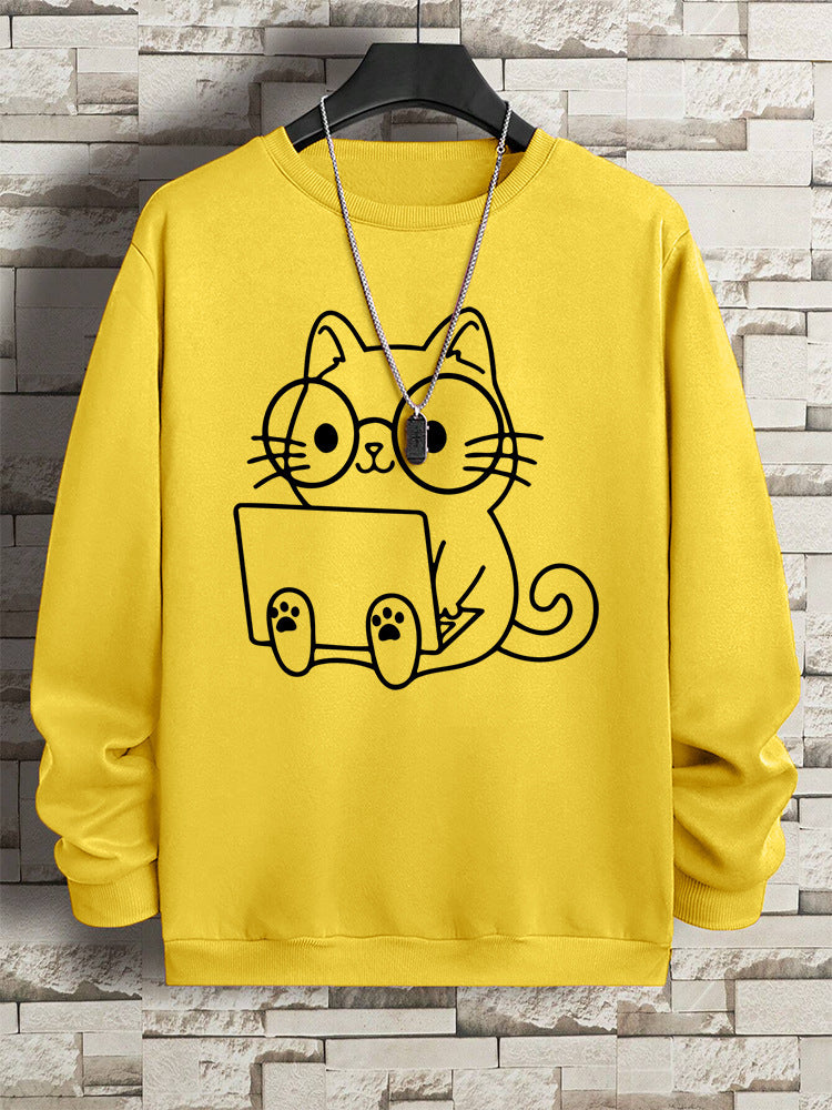 Gentleman Cat At Work Printed Men's Sweatshirt Hip Hop Loose