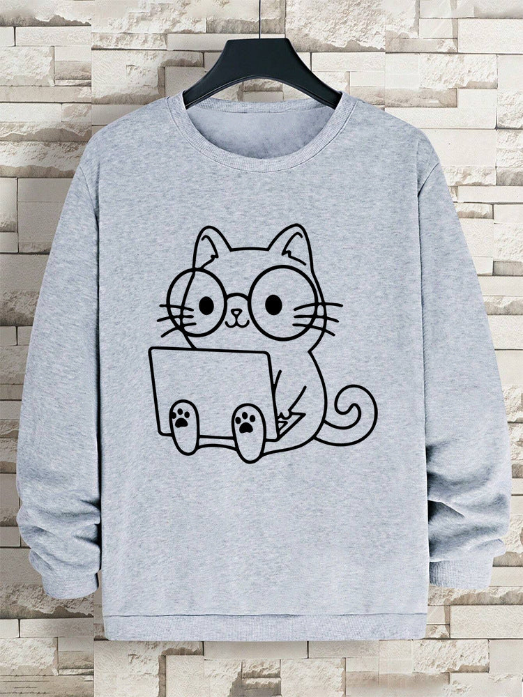 Gentleman Cat At Work Printed Men's Sweatshirt Hip Hop Loose