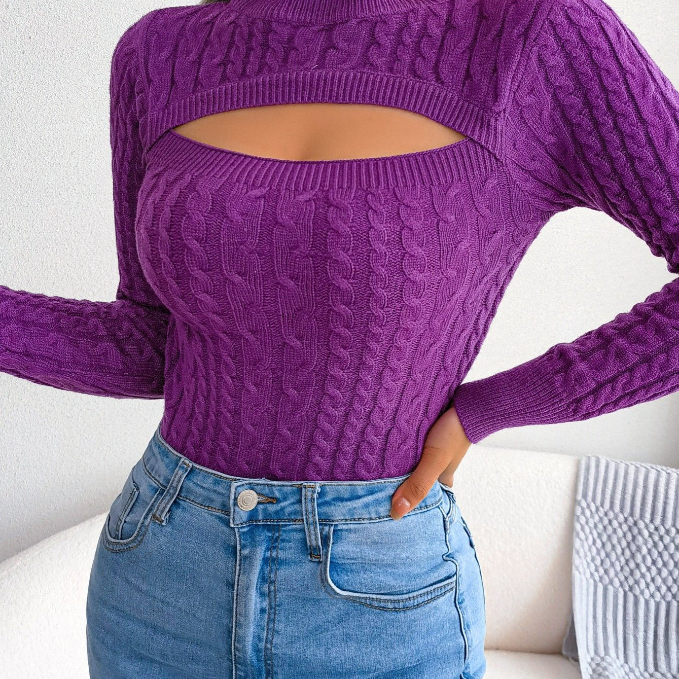 Women'S Stylish Hollow-Out Knit Pullover Sweater, Long Sleeve Crew Neck, Skinny Fit, Acrylic Blend (Polyester 28%, Polyamide 22%, Viscose 28%), High Stretch Fabric, Solid Color, Spring/Fall Fashion Top