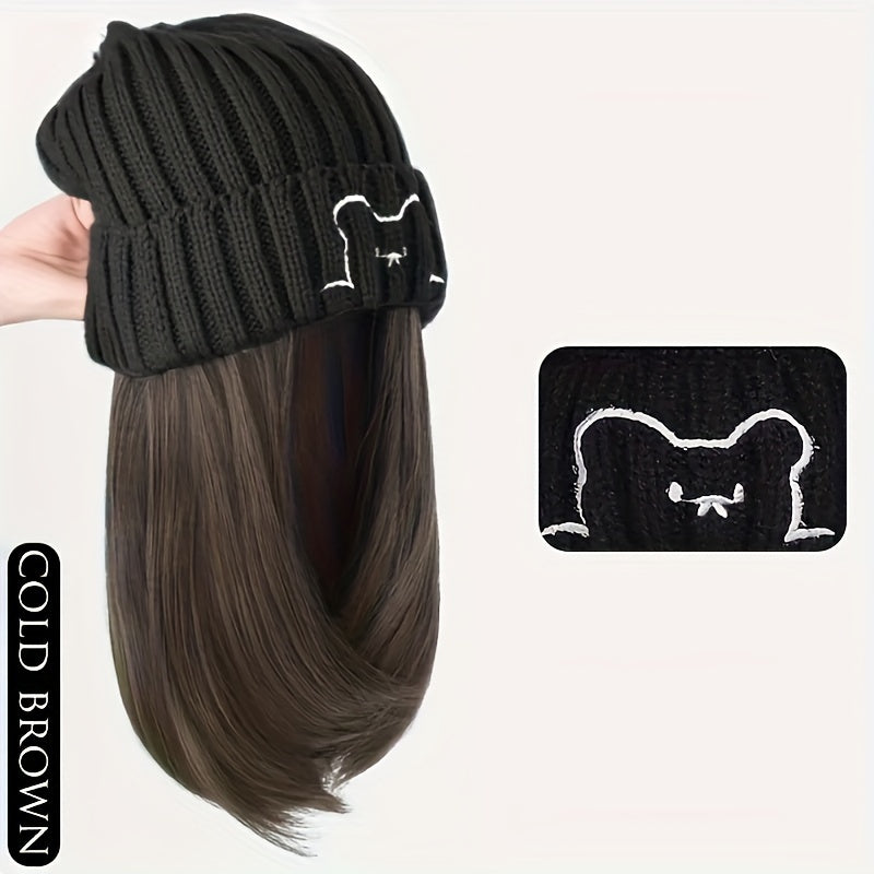 Winter Beanie Match With 10-inch Synthetic Hair Extensions For Women, Cable Knit Slouchy Hat Wig Combo, Warm Fashion Headwear For Autumn And Winter Halloween Christmas