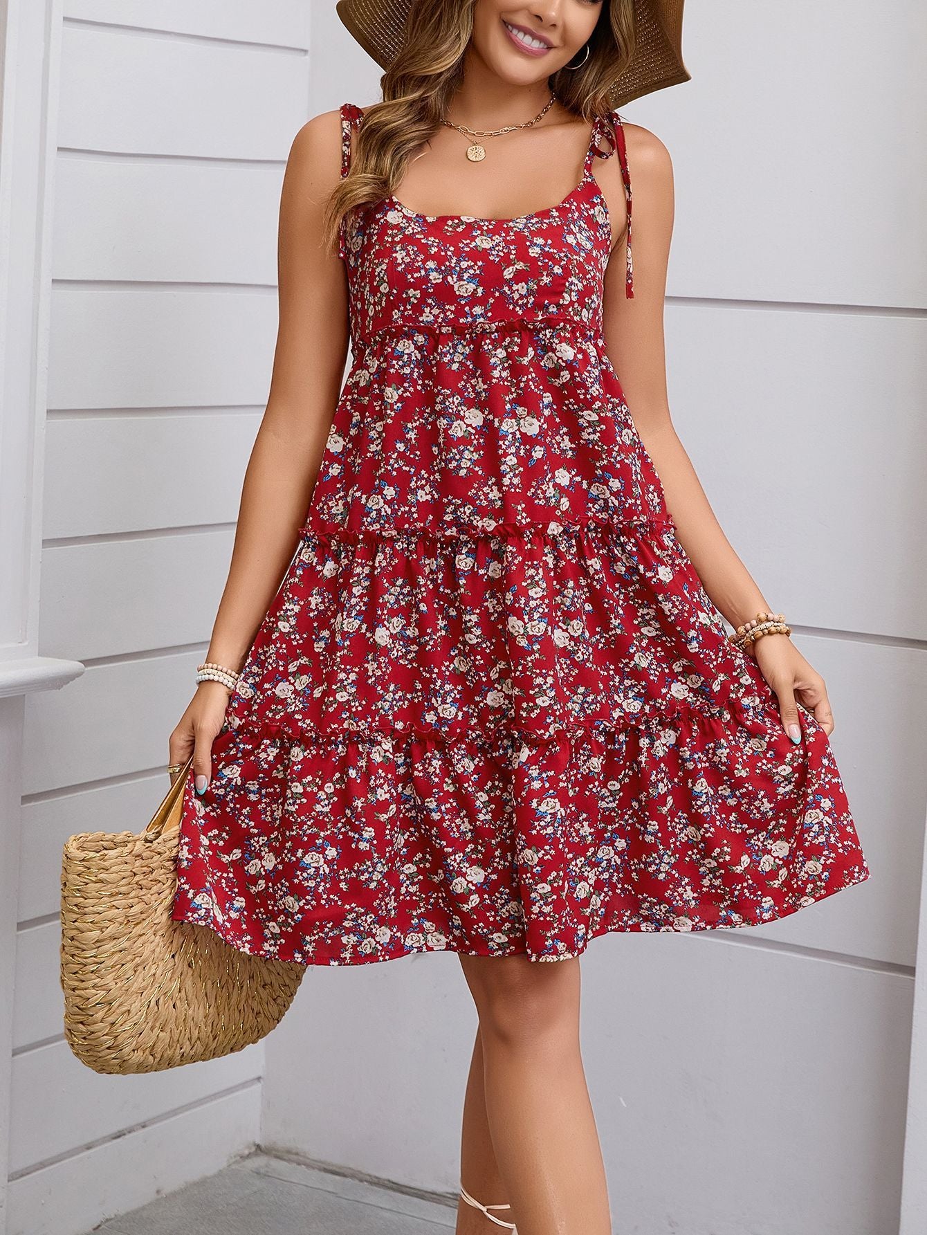 Women Floral Pleated Lace Up Dress