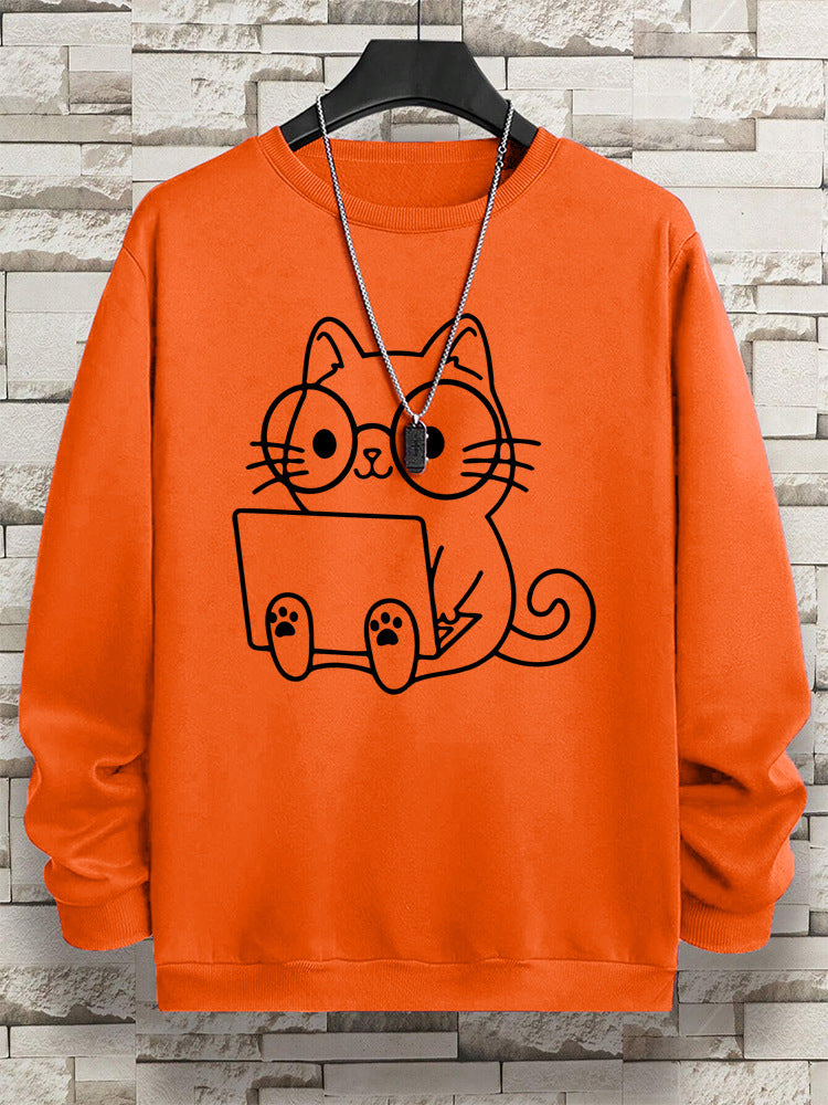Gentleman Cat At Work Printed Men's Sweatshirt Hip Hop Loose