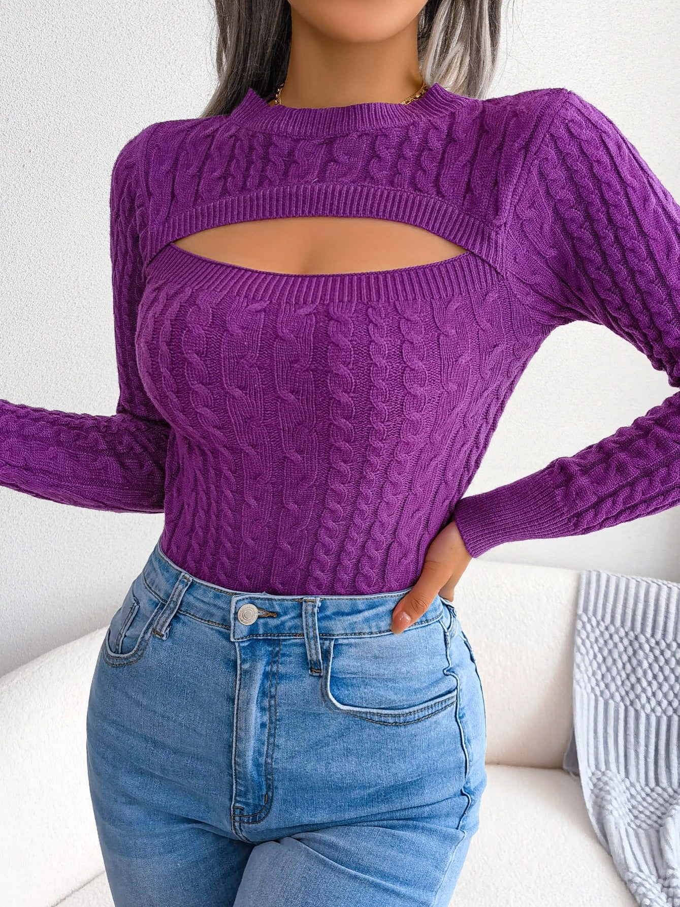 Women'S Stylish Hollow-Out Knit Pullover Sweater, Long Sleeve Crew Neck, Skinny Fit, Acrylic Blend (Polyester 28%, Polyamide 22%, Viscose 28%), High Stretch Fabric, Solid Color, Spring/Fall Fashion Top