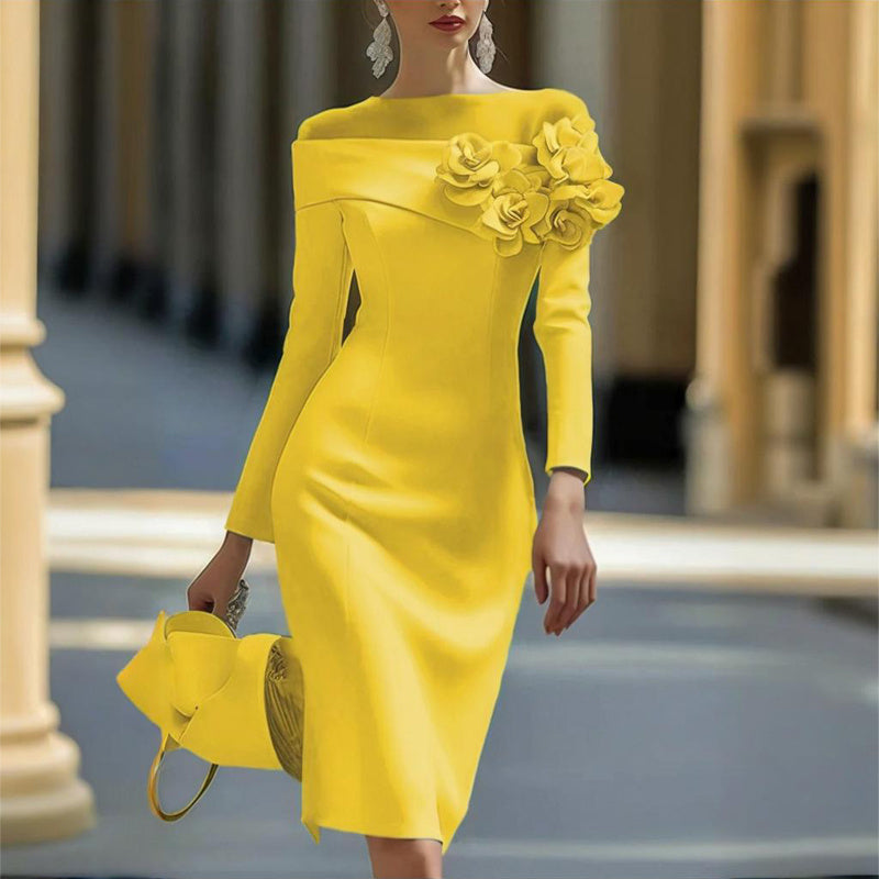 Women's Floral Embellished Long Sleeve Solid Color Round Neck A-Line Bodycon Party Dress For Spring&Summer Vacation