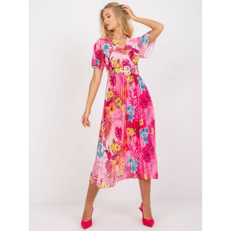 Women's Fashion Pleated Printed Belt Dress