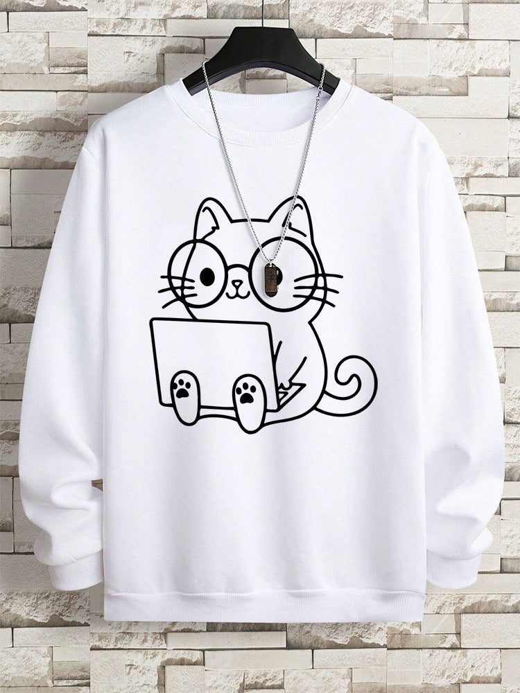 Gentleman Cat At Work Printed Men's Sweatshirt Hip Hop Loose