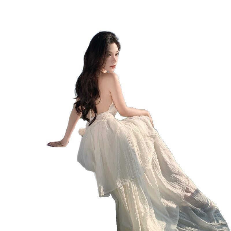 Deep V New Patchwork Slim Fit Slimming Spaghetti Straps Tiered-Ruffle Long Dress