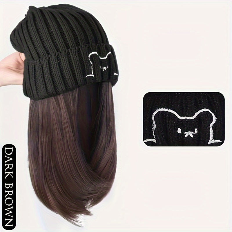 Winter Beanie Match With 10-inch Synthetic Hair Extensions For Women, Cable Knit Slouchy Hat Wig Combo, Warm Fashion Headwear For Autumn And Winter Halloween Christmas