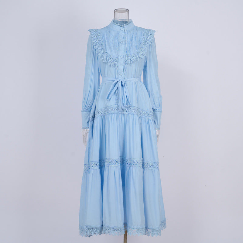 Design Embroidered Shirt Waist-tight Slimming Lantern Sleeves Long Skirt