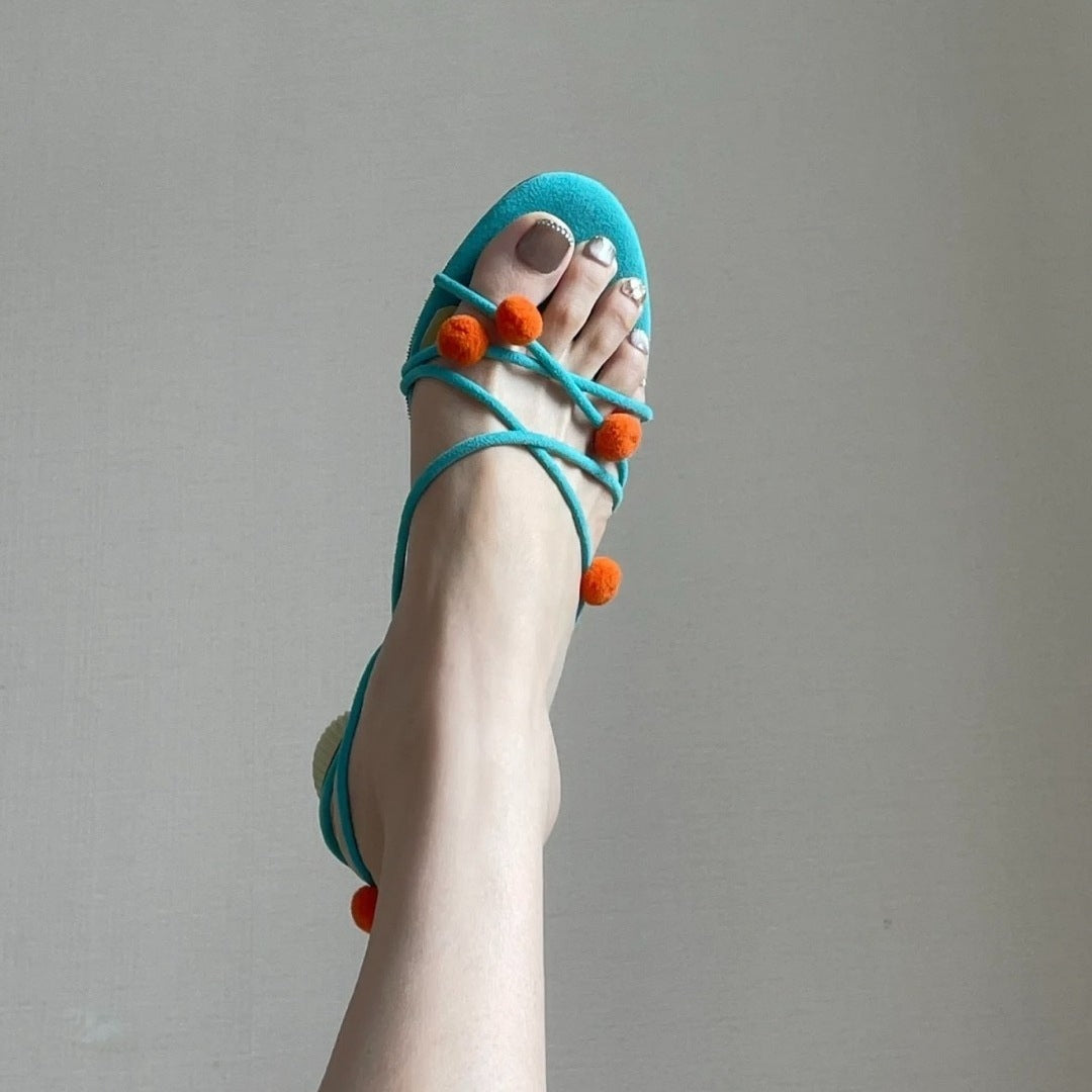 French Genuine Leather Niche Ball Lace-up High-heeled Sandals Thin Strap Open Toe