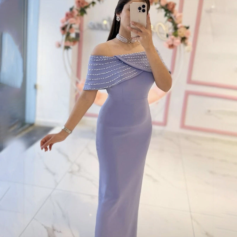 Off-shoulder Handmade Diamond Strip Dress Evening Dress
