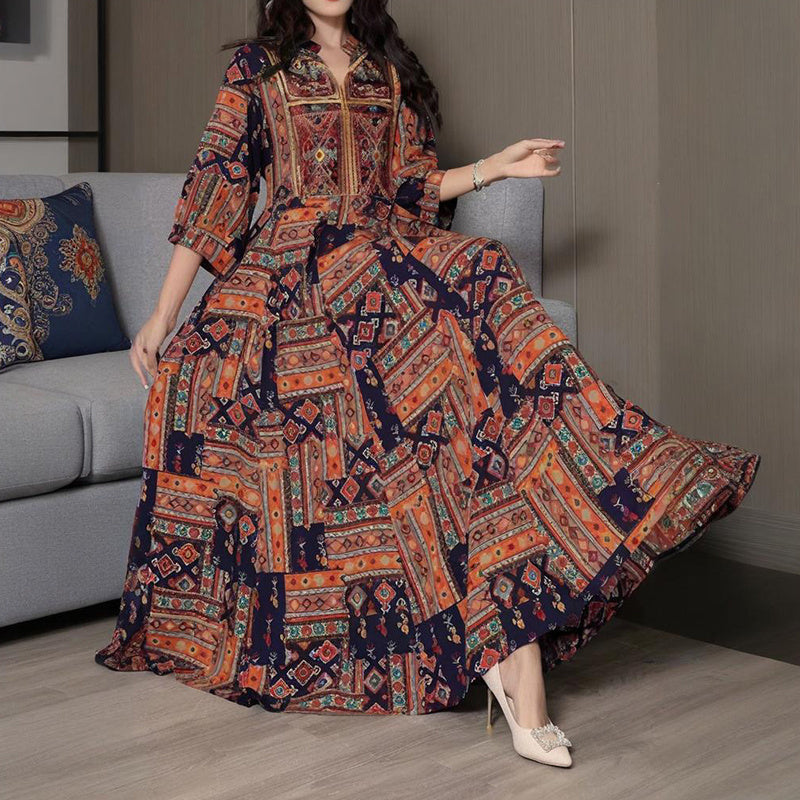 Women's Middle Eastern Style Long Sleeve Dress - Geometric Print V-Neck Embroidered Maxi Dress Boho Vacation Dress