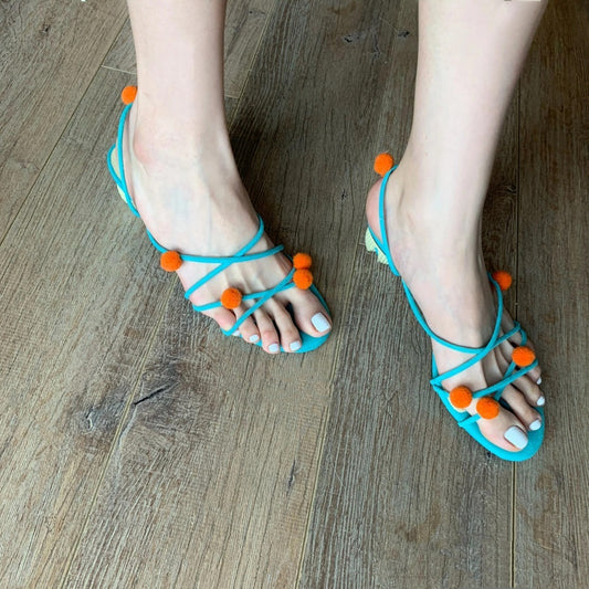 French Genuine Leather Niche Ball Lace-up High-heeled Sandals Thin Strap Open Toe