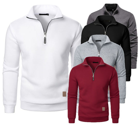 Men's Stand Collar Half Zip Long-sleeved Sports Casual Solid Color Fleece Top