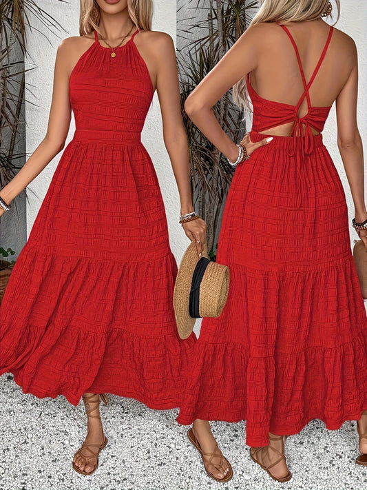New Spring And Summer Collection for 2025, an Elegant Backless Dress Perfect for Vacations, a Sexy Long Red Dress with Back Ties.
