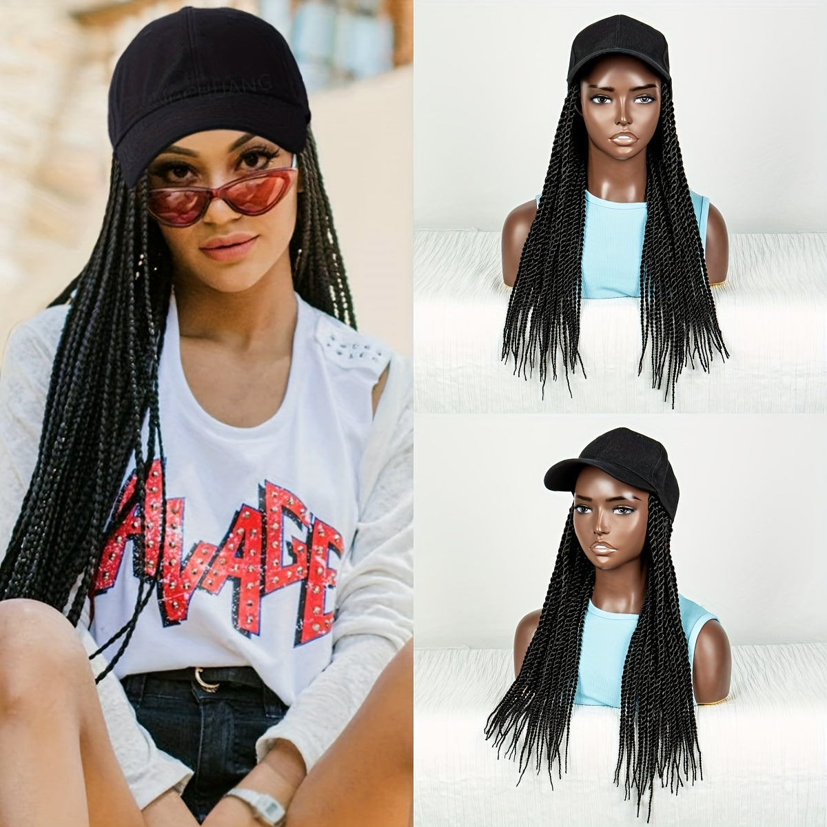 Hat Wig Long Braids Wig For Women Synthetic Wig Beginners Friendly Heat Resistant For Daily Use