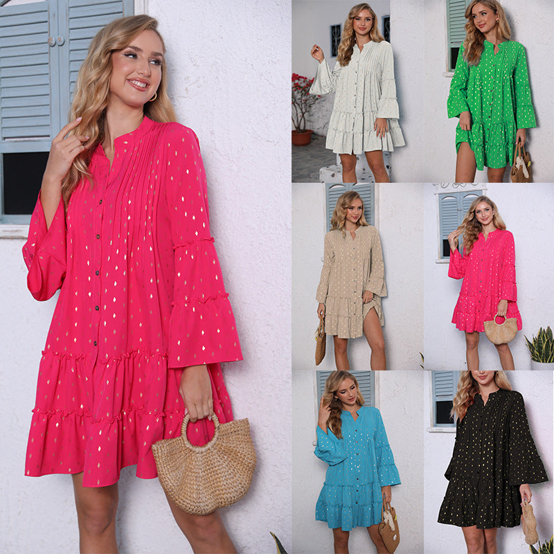 Printing Gilded Pleated Bell Sleeve Loose Dress