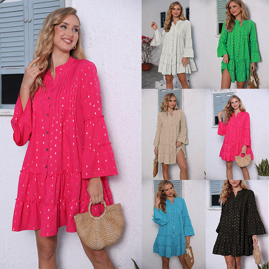 Printing Gilded Pleated Bell Sleeve Loose Dress