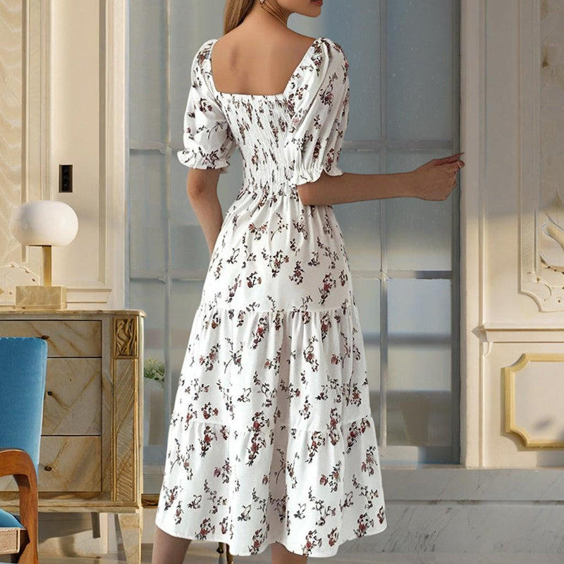 Women's Square Neck Short Sleeve A-Line Floral Print Dress Ruffled Sleeves Bust Smocked Elastic Boho Summer Vacation Dress