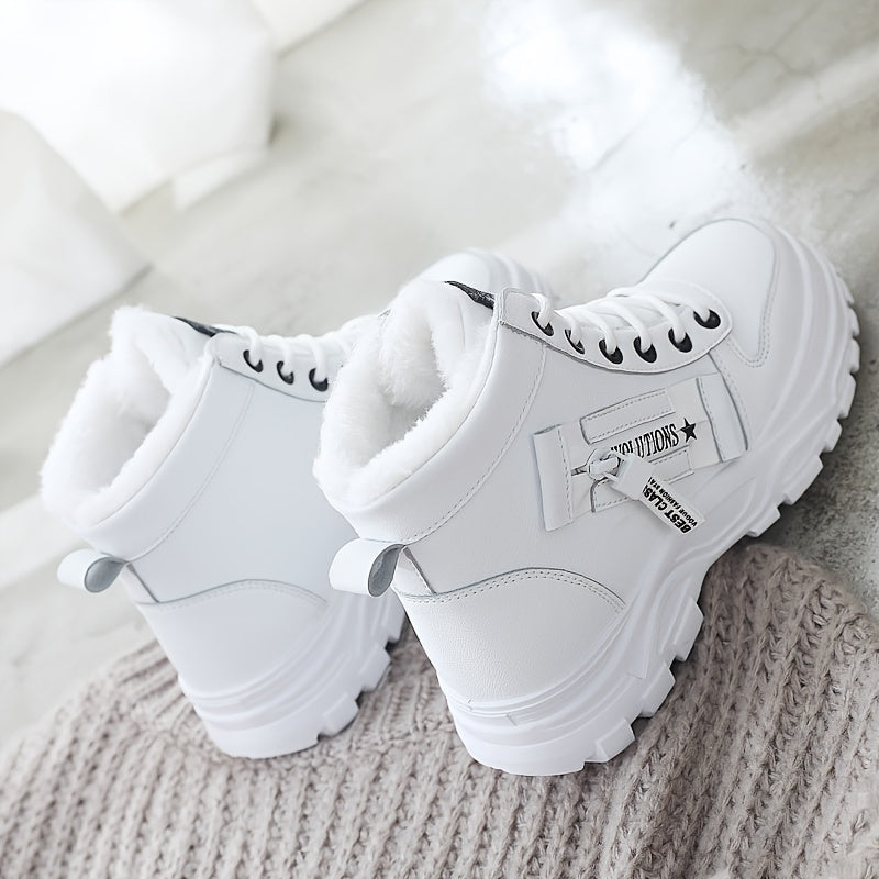 [Stylish Winter Boots] Stylish White Women's K2001 High-Top Winter Boots | Faux Fur Lining, Waterproof PVC Sole, Casual All-Season Footwear