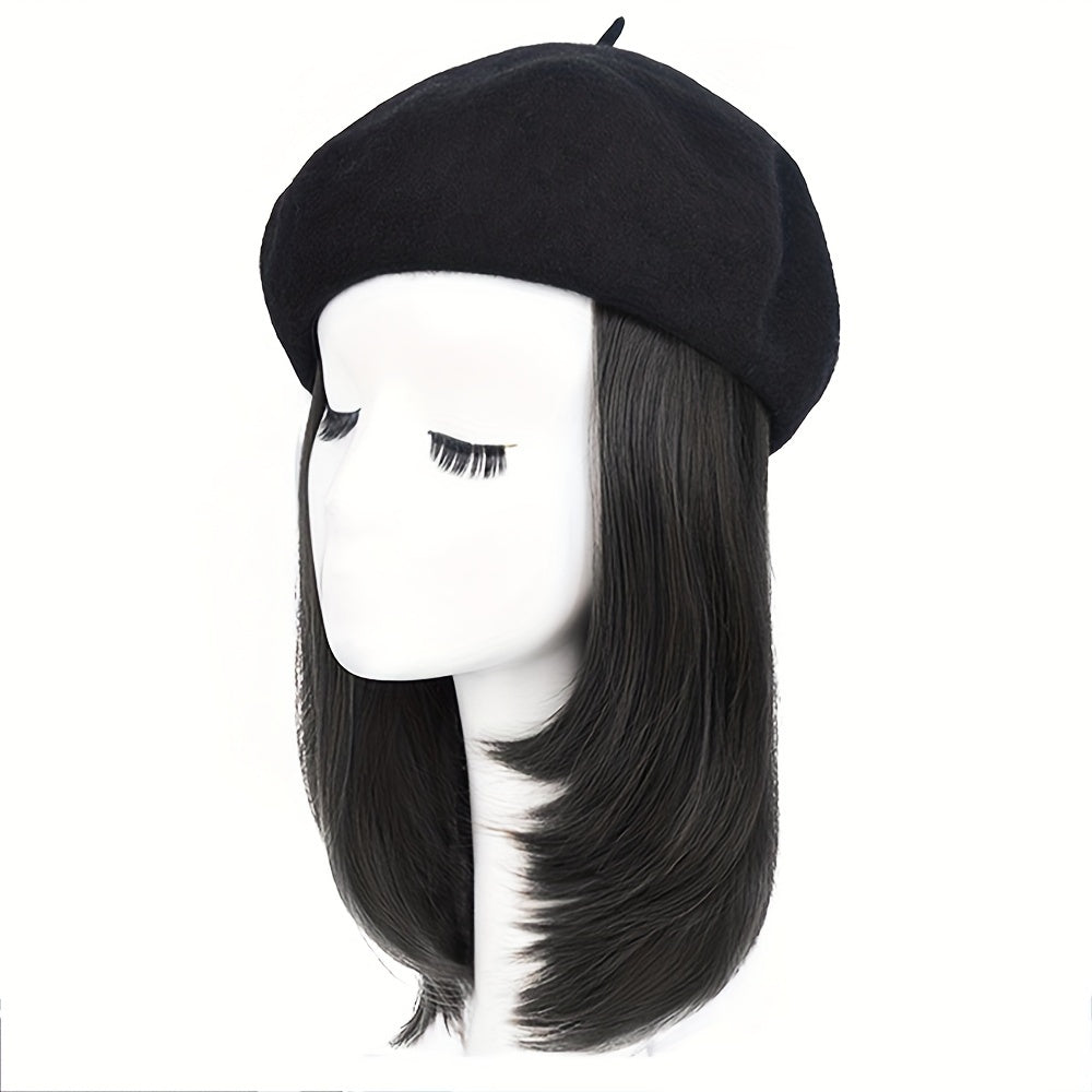 Hat Wig Beret Hat With Hair Extensions Classic French Fashion Hat Attached 11" Synthetic Straight Short Bob Hairpiece For Women Winter Warm Cap Wig Christmas Gift