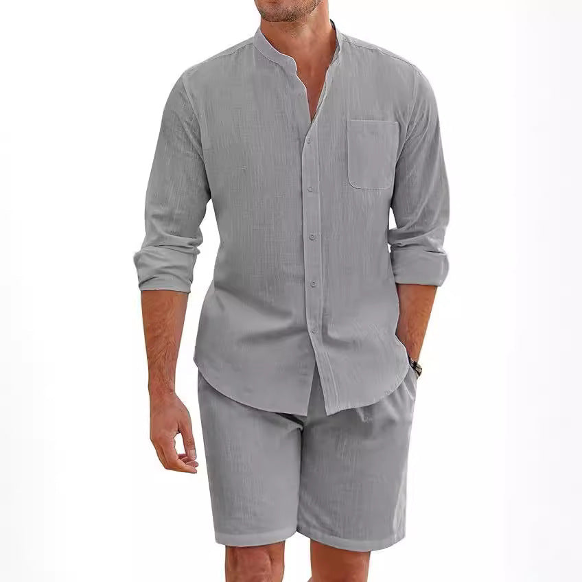 Men's Cotton Linen Comfortable Long Sleeve Shirt Shorts Suit