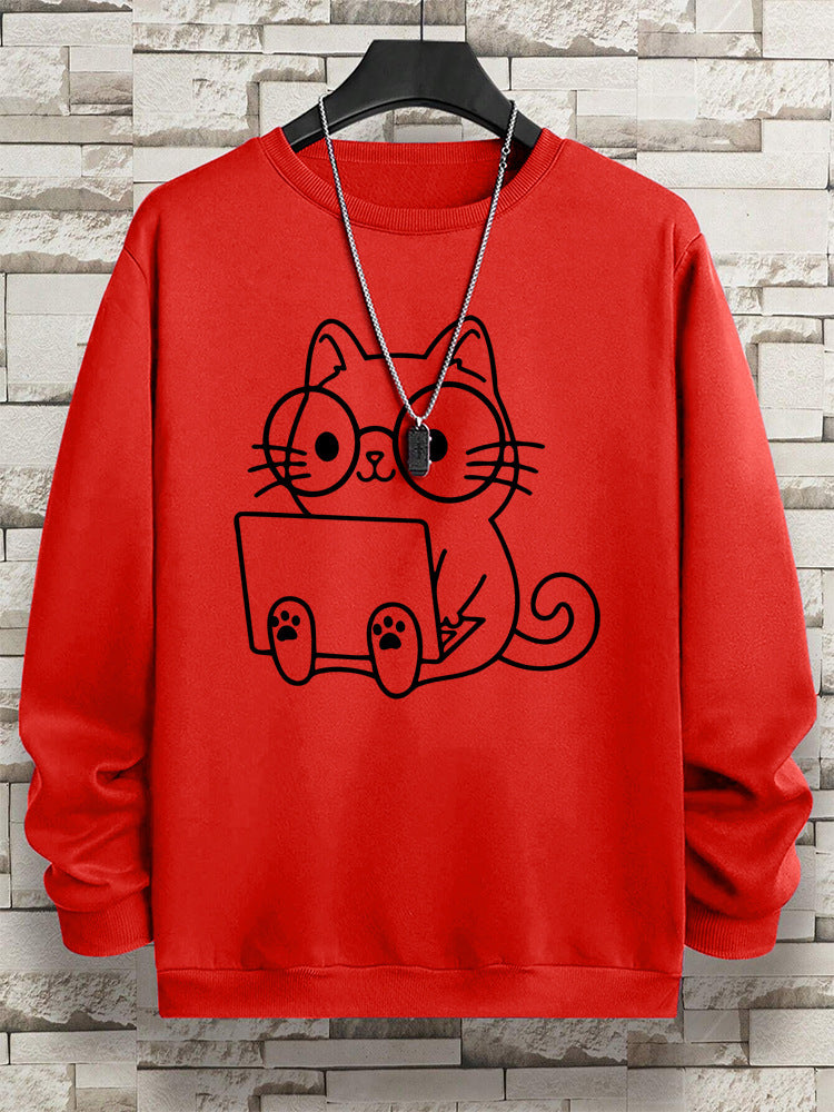 Gentleman Cat At Work Printed Men's Sweatshirt Hip Hop Loose