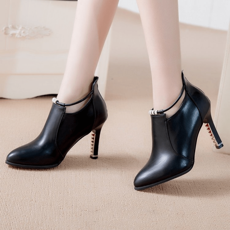 [Stiletto | Synthetic] Ultrahigh Stiletto Heels Women's Pointed Toe Ankle Boots | Synthetic, Casual Dress Style with Back Zipper, Metal Thin Heel, Rhinestone Detail | Fashion Comfortable Shoes for Autumn and Winter 2022