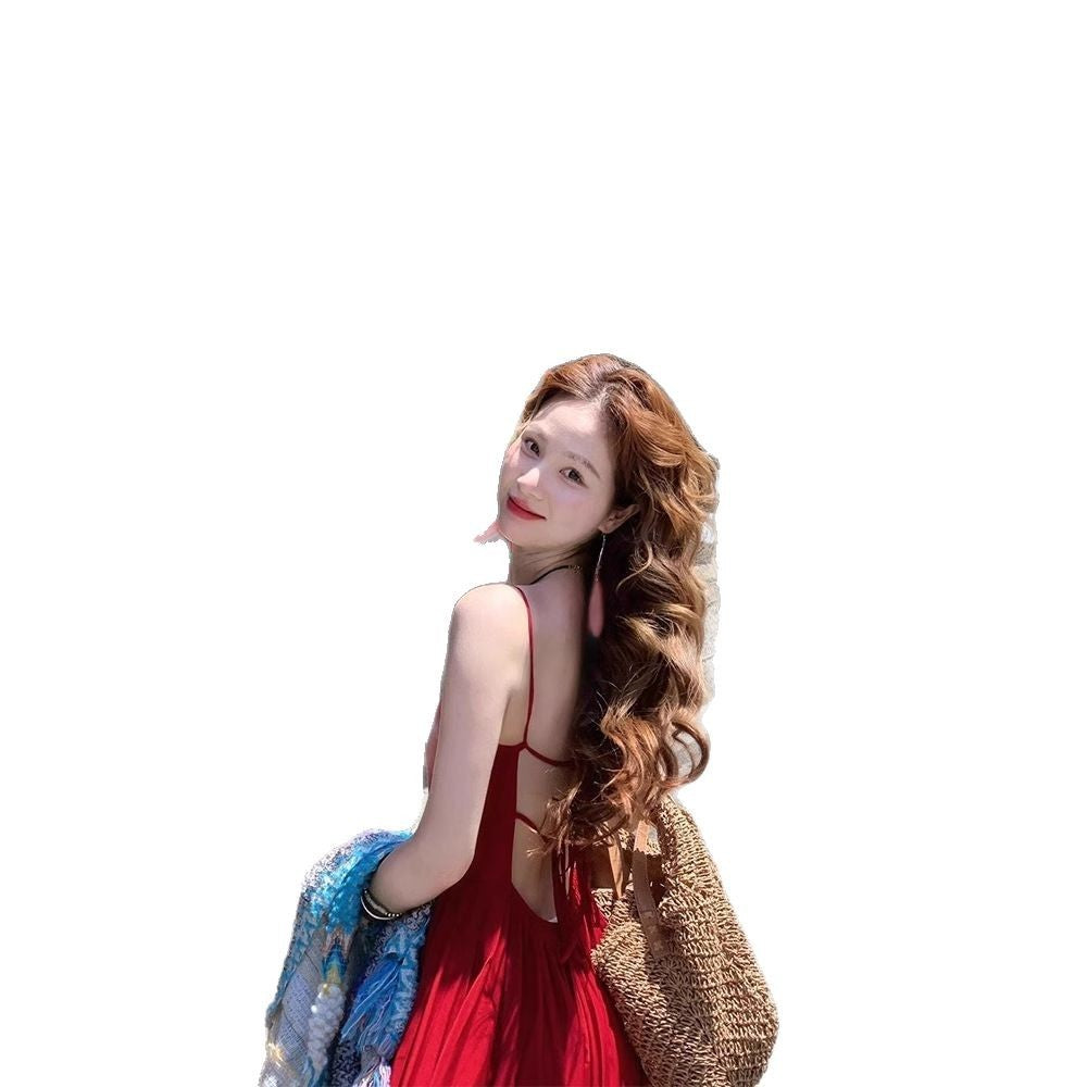 French Style Red Slip Dress Women's Sexy Backless Suitable For Seaside Vacation