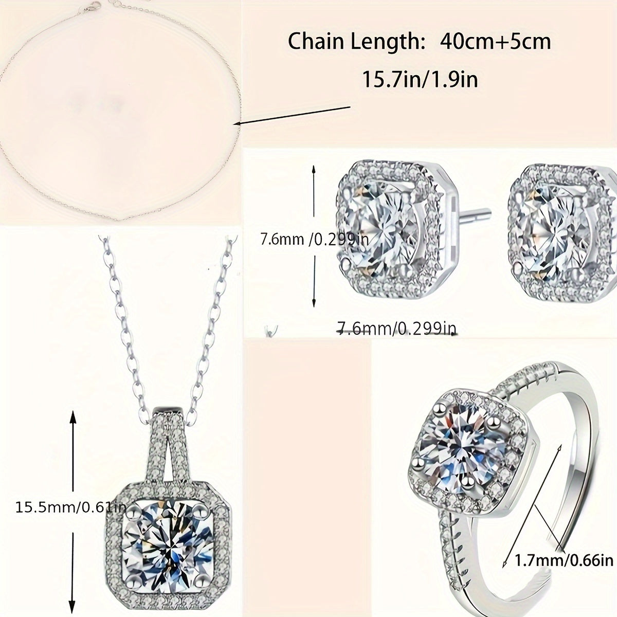 925 Silver Cube Shiny zirconia Set Earrings and Pendant Necklace and Ring, Elegant Luxury Style, Exquisite Women'S Gift