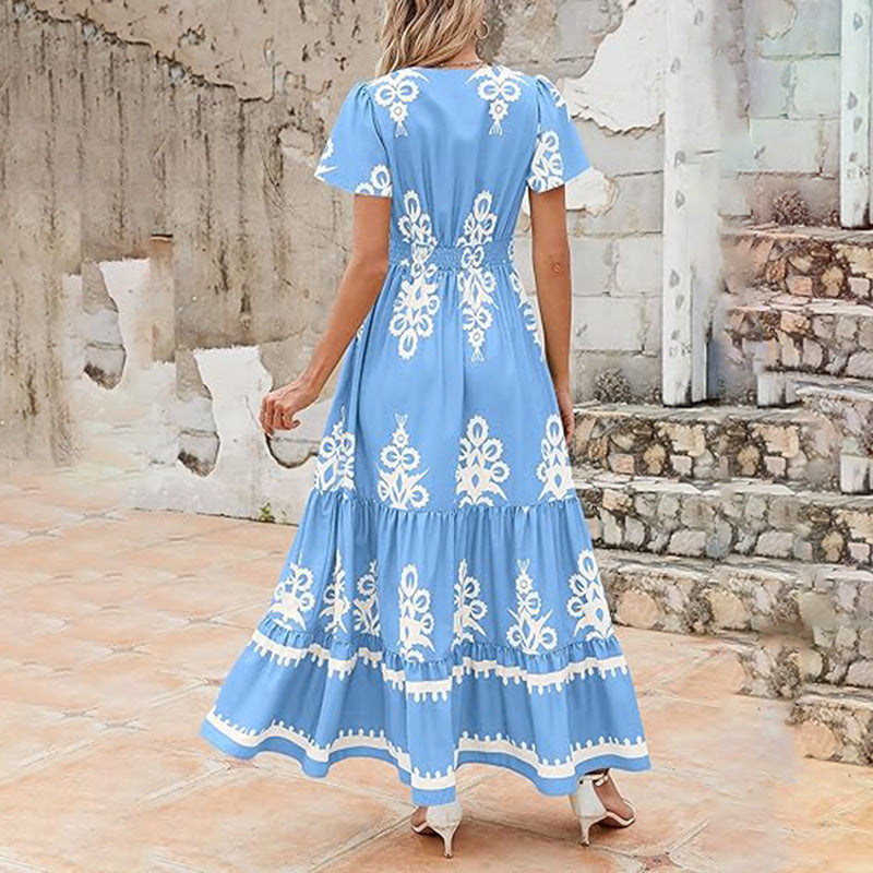 Womens Summer Casual V Neck Boho Maxi Dress Flowy Aline Bell Sleeve Tiered Floral Dresses With Pocket
