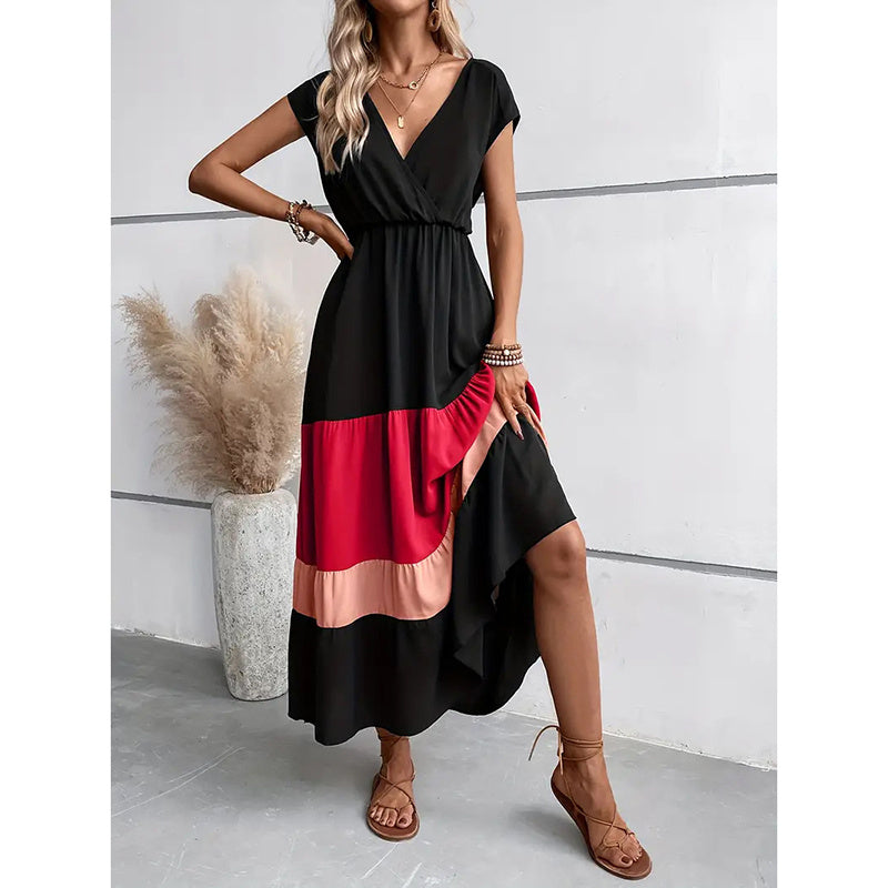 Women's Color Block Maxi Dresses V Neck Sleeveless Tiered Casual Dresses Loose Sundress