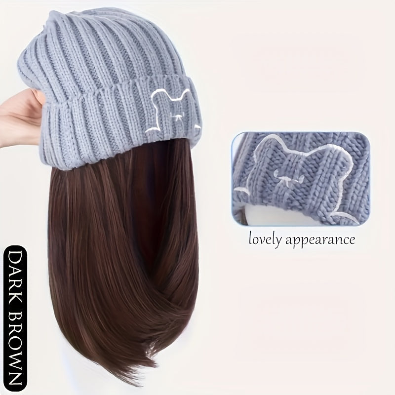 Winter Beanie Match With 10-inch Synthetic Hair Extensions For Women, Cable Knit Slouchy Hat Wig Combo, Warm Fashion Headwear For Autumn And Winter Halloween Christmas