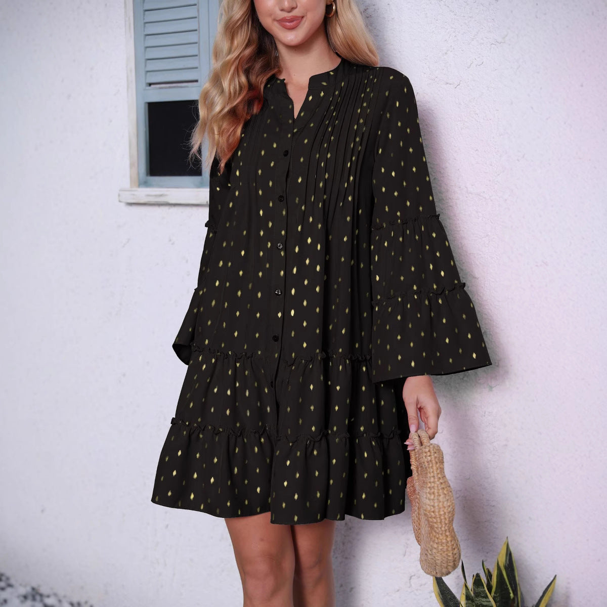Printing Gilded Pleated Bell Sleeve Loose Dress
