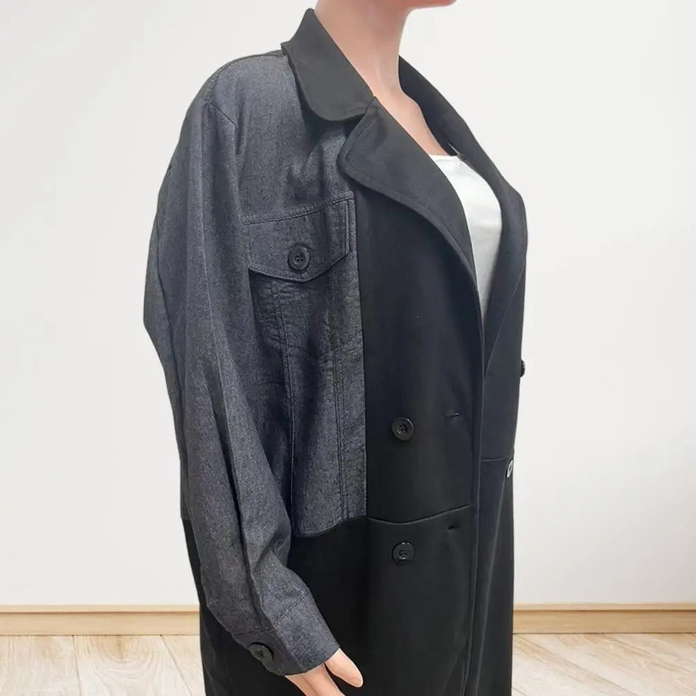 Women's Suit Collar Denim Stitching Mid-length Coat