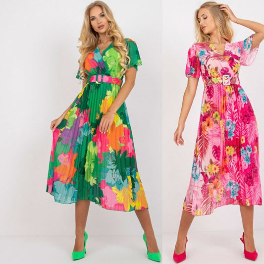 Women's Fashion Pleated Printed Belt Dress