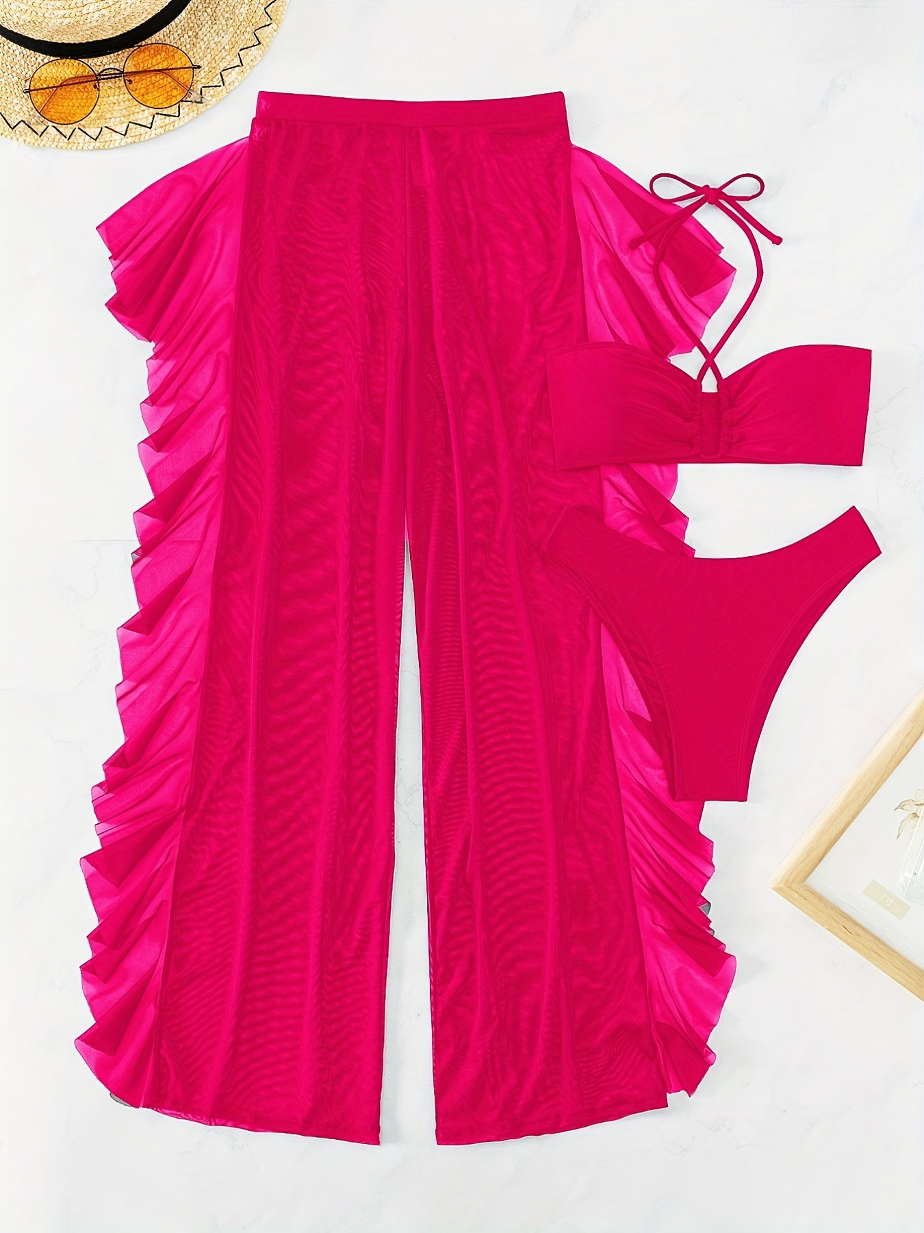 [Sexy Mesh Bikini] Three-piece Sexy Black Mesh Bikini Swimsuit Women's Pure Fashion Gathered Cross-Band Panty